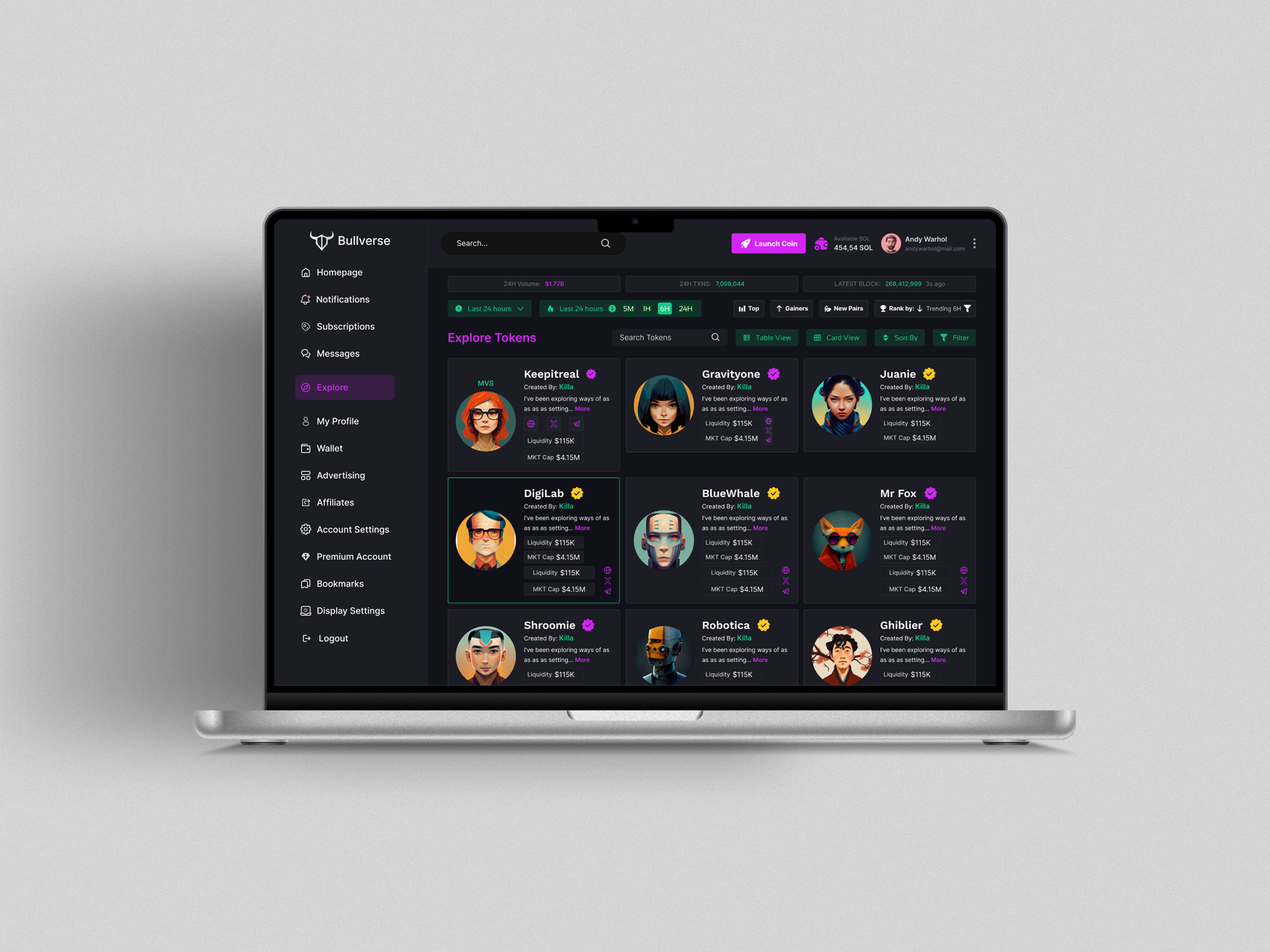 Explore tokens as a card grid on a MacBook