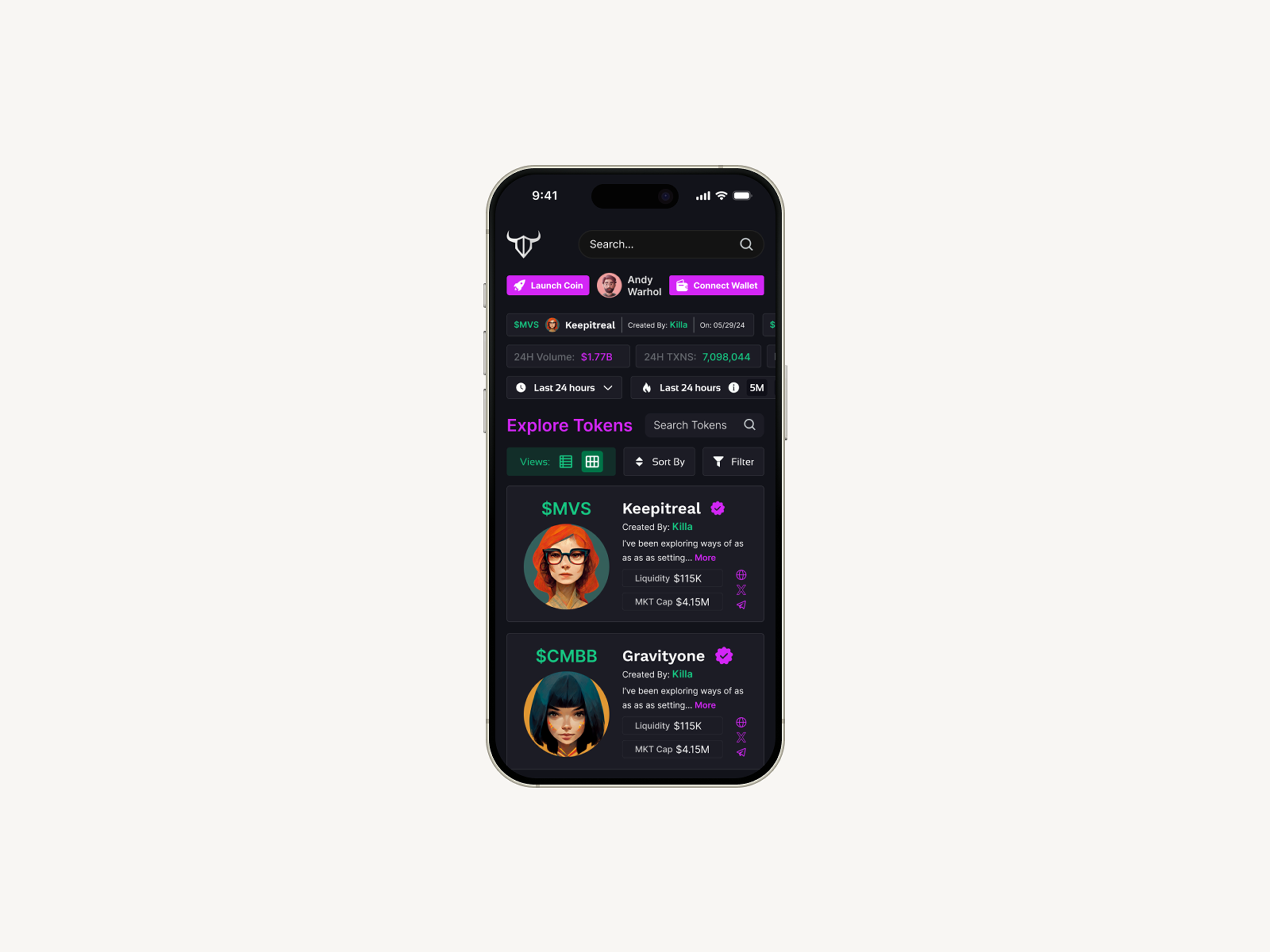 Bullverse token explorer on an iPhone
