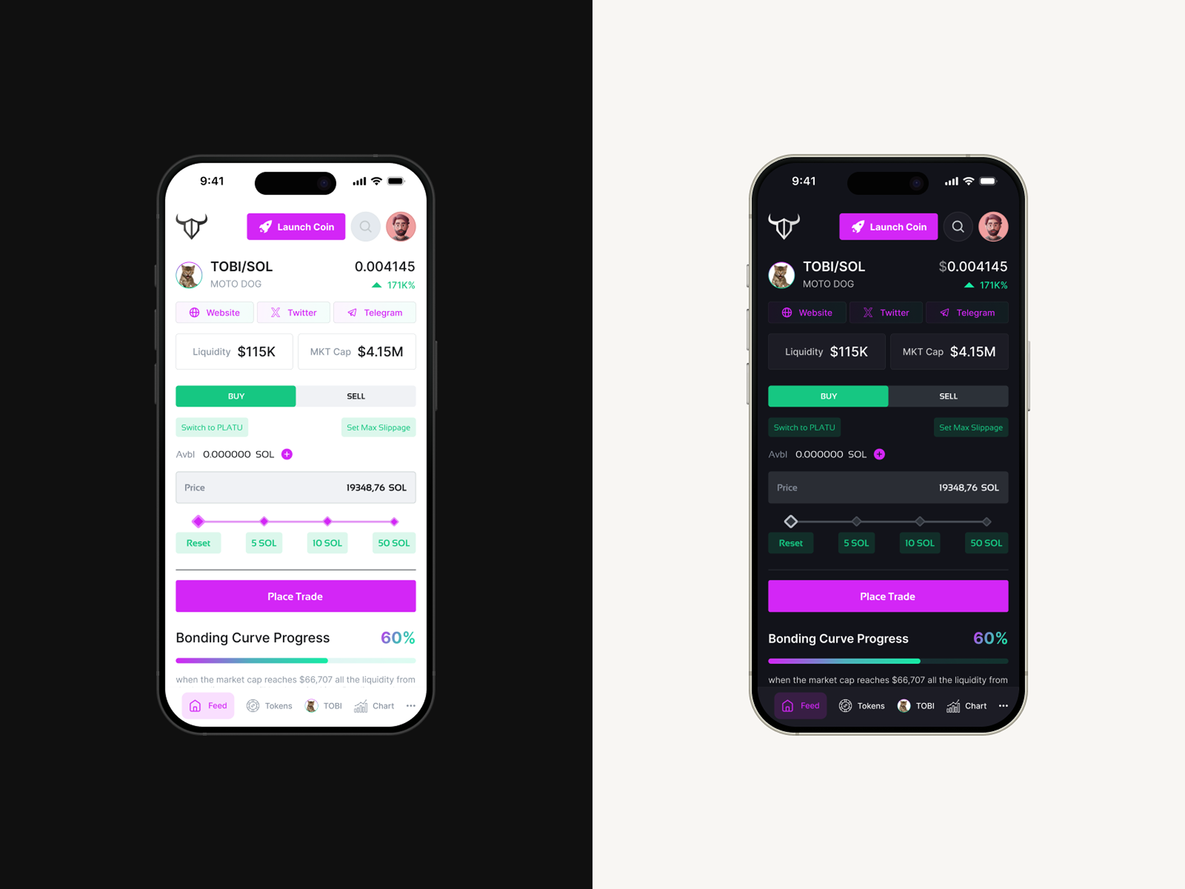 Buy and sell flow in light and dark mode