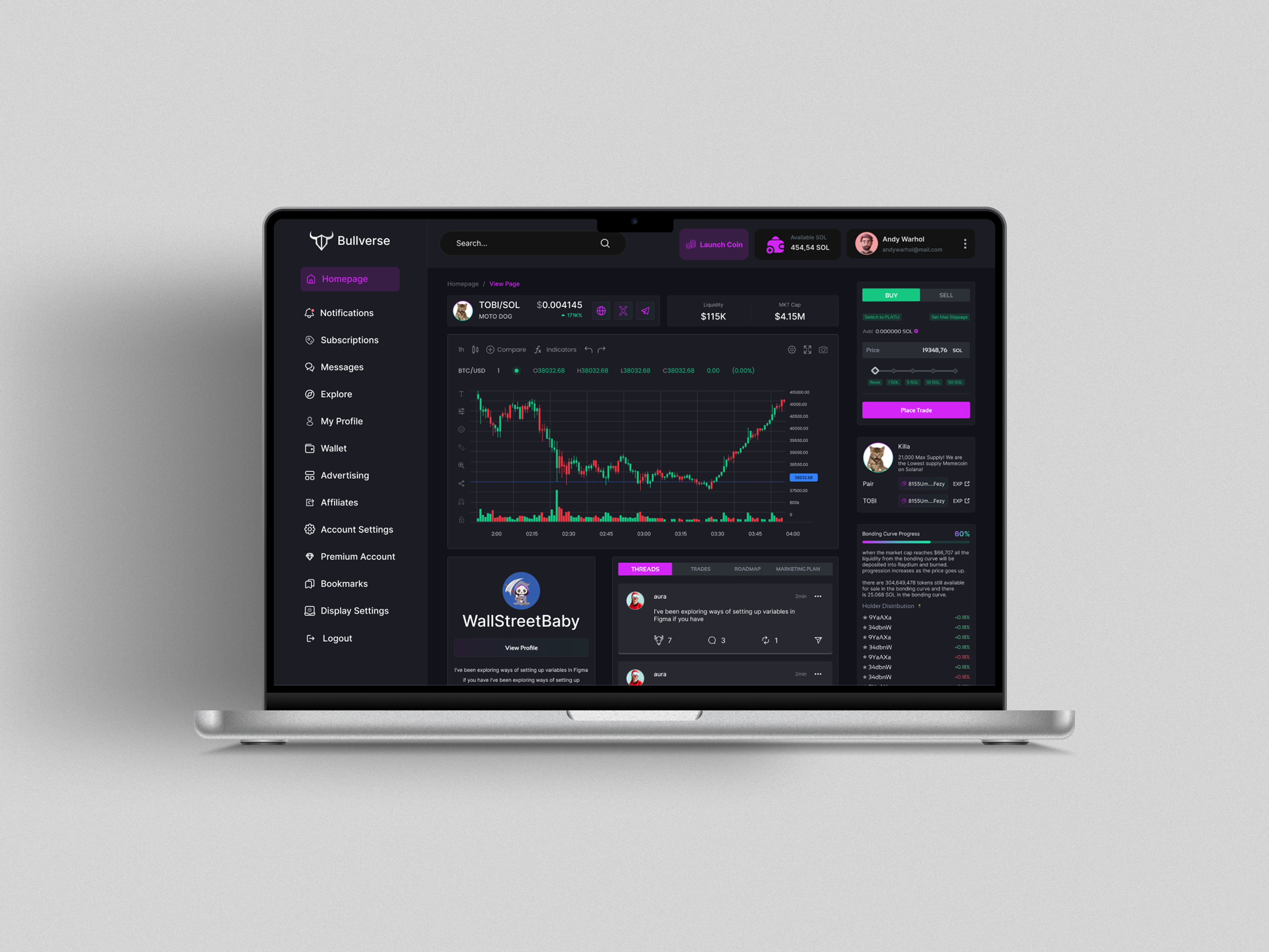 Token overview with chart and trade panel on a MacBook