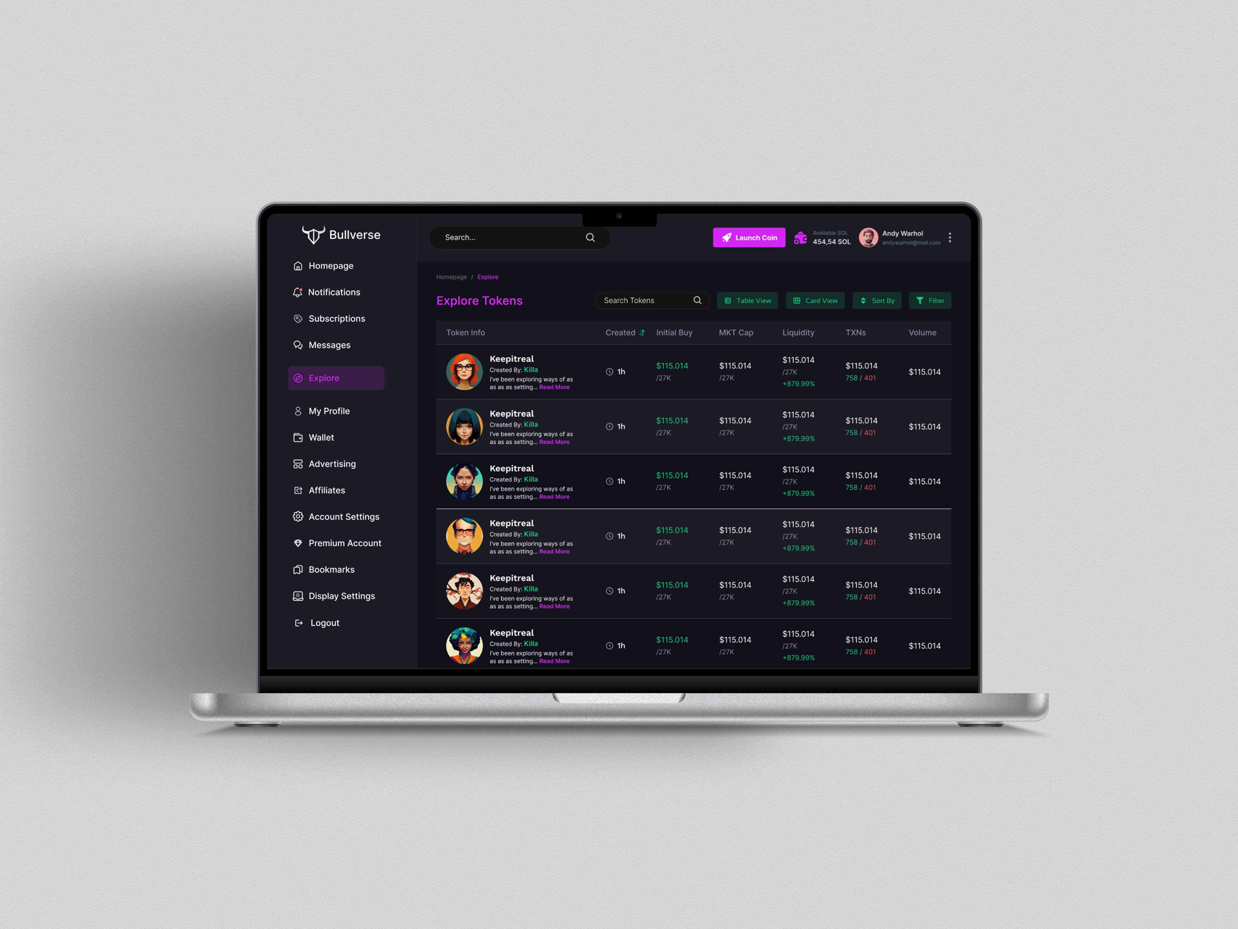 Explore tokens as a table on a MacBook